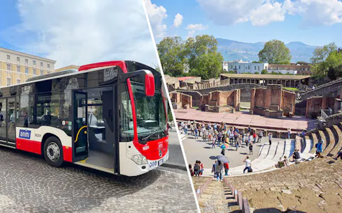 Alibus in Naples and tourists exploring Pompeii ruins.
