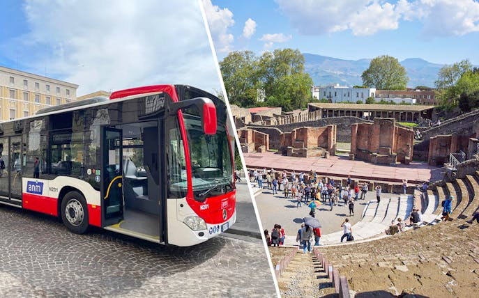 Alibus in Naples and tourists exploring Pompeii ruins.