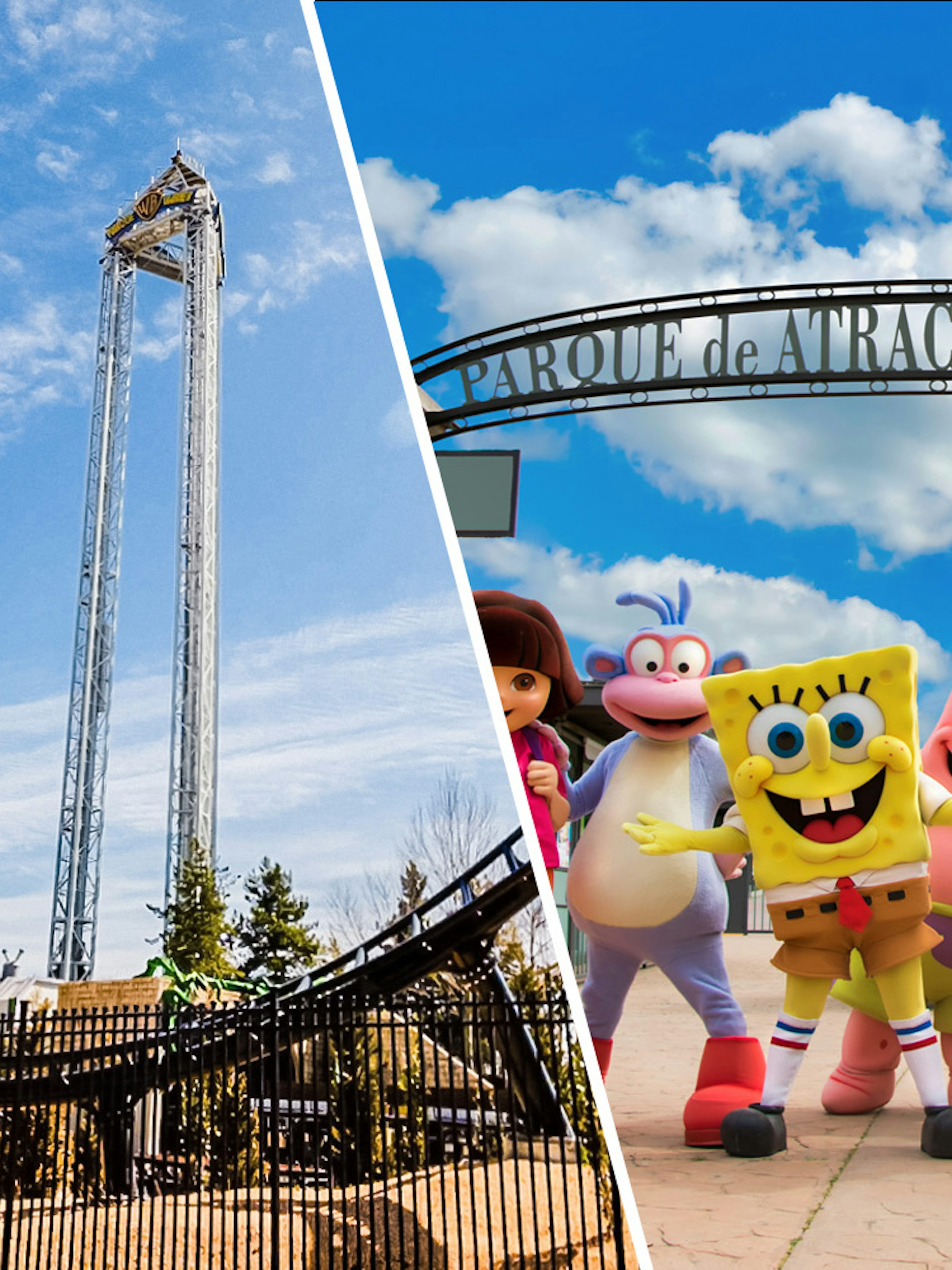 Parque Warner roller coaster and Parque de Atracciones entrance with cartoon characters.