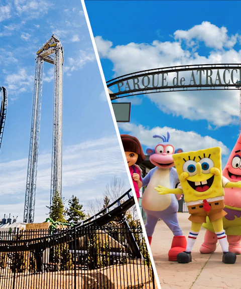 Parque Warner roller coaster and Parque de Atracciones entrance with cartoon characters.
