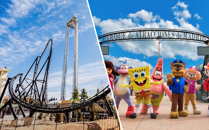 Parque Warner roller coaster and Parque de Atracciones entrance with cartoon characters.