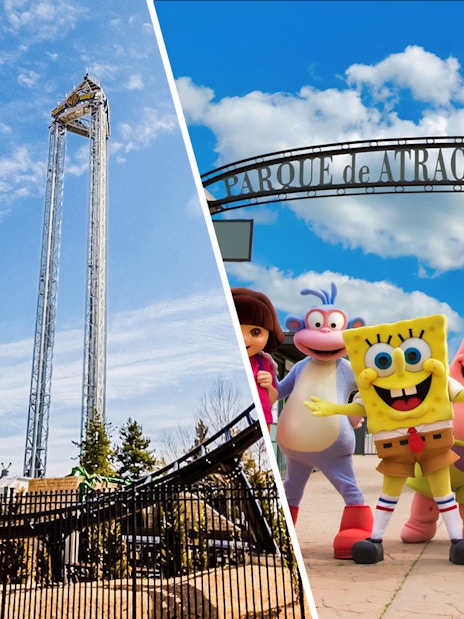 Parque Warner roller coaster and Parque de Atracciones entrance with cartoon characters.