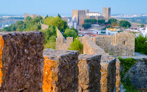 Ancient stone walls of Óbidos Castle with lush greenery, part of the self-guided tour from Lisbon.
