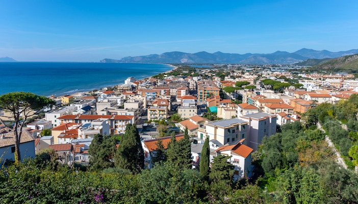 Sperlonga coastal view with historic white buildings and Mediterranean Sea.