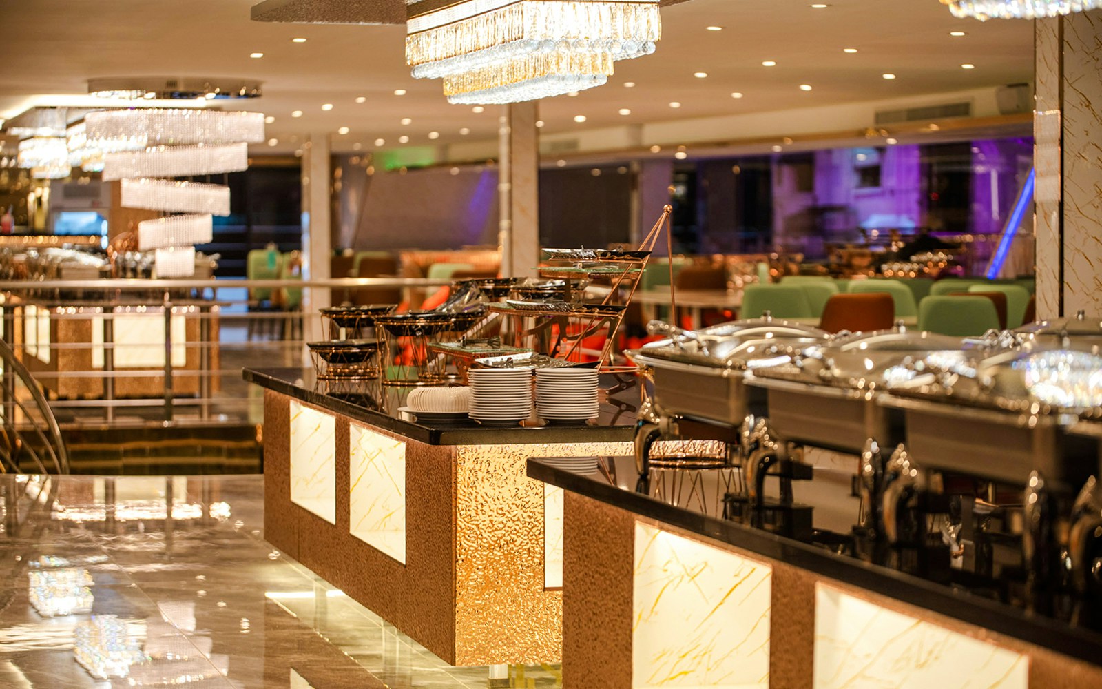 Buffet setup on Bangkok Chaophraya Cruise dining area.