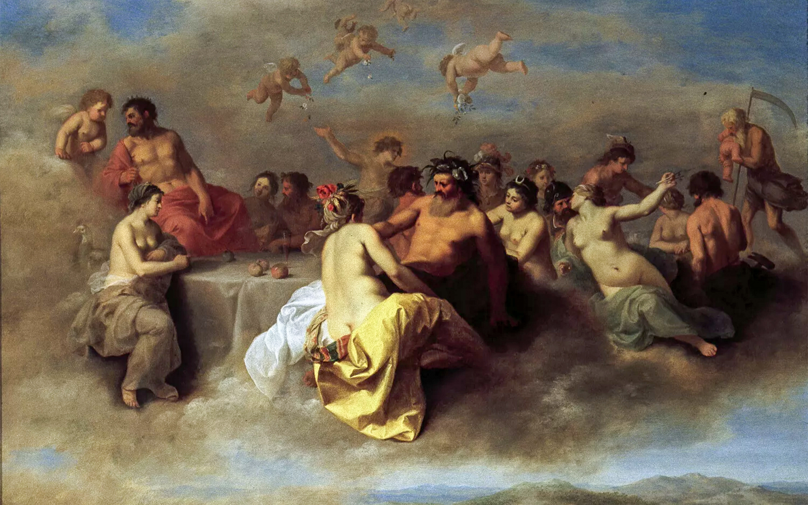 Dutch Masters painting depicting mythological figures in a celestial gathering, Fabrique des Lumières exhibition.