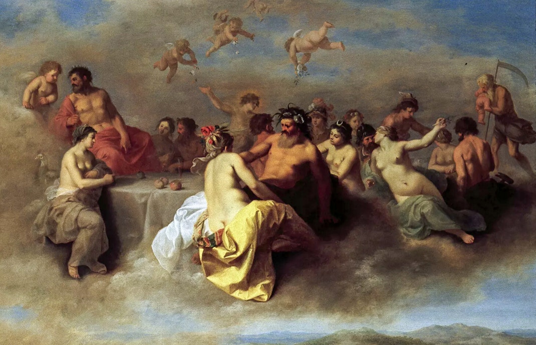 Dutch Masters painting depicting mythological figures in a celestial gathering, Fabrique des Lumières exhibition.