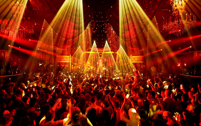 Crowd enjoying Hugel's performance at Make the Girls Dance event, Ibiza nightclub.