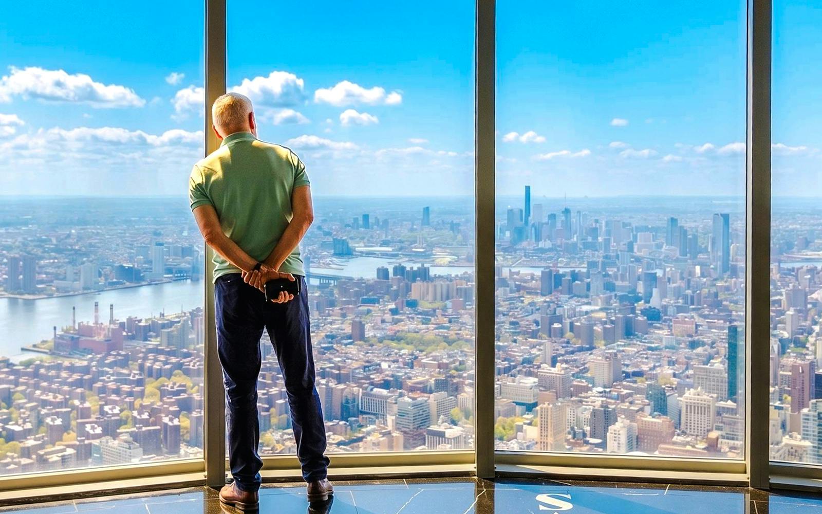 Man viewing New York City skyline from Empire State Building observatory.
