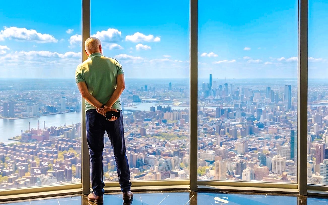 Man viewing New York City skyline from Empire State Building observatory.