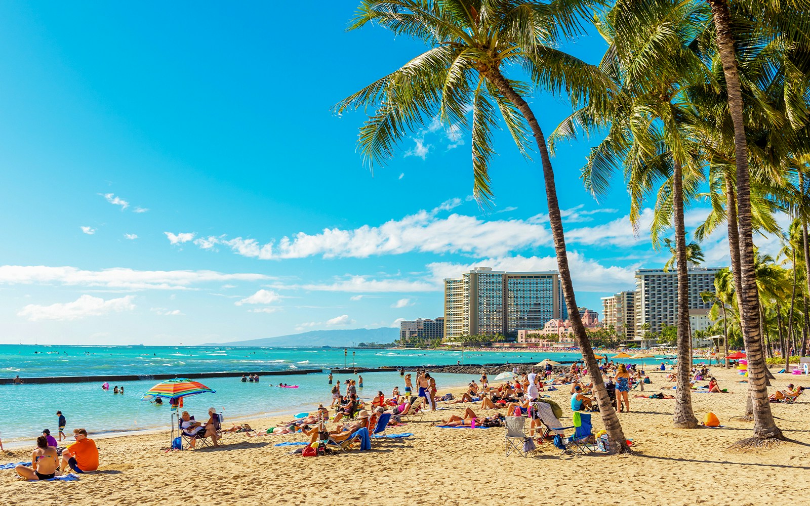 View of the sandy Waikiki city beach