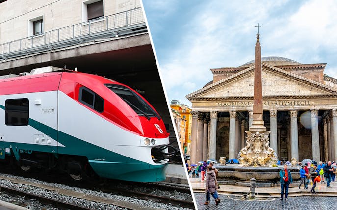 Leonardo Express train and Pantheon in Rome, Italy, part of combo tour package.