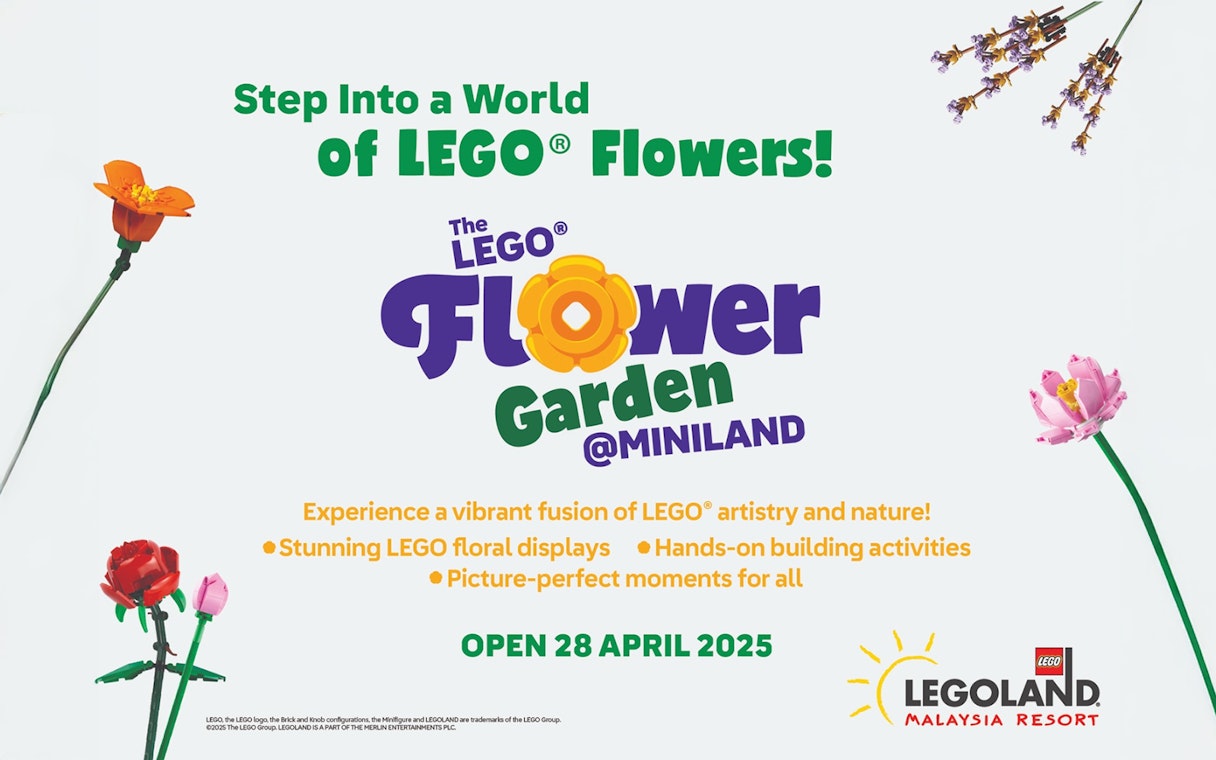 LEGO flower garden announcement at Legoland Malaysia, opening April 2025.
