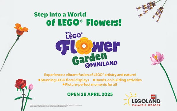 Legoland Malaysia flower garden with colorful blooms and themed sculptures.