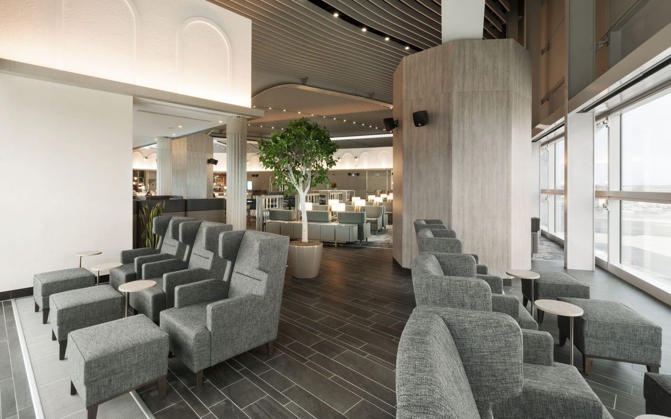 Seating area in Plaza Premium Lounge, Terminal 1, Leonardo da Vinci-Fiumicino Airport.