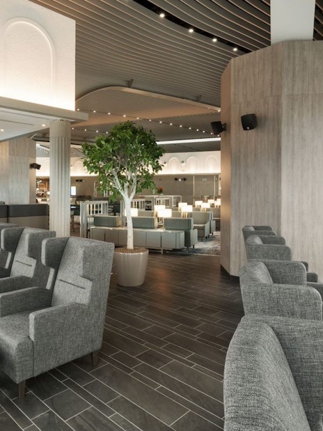 Seating area in Plaza Premium Lounge, Terminal 1, Leonardo da Vinci-Fiumicino Airport.