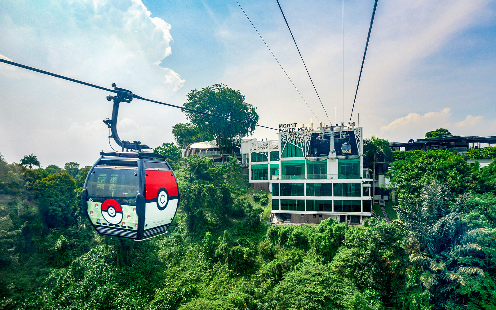 Singapore Cable Car approaching Mount Faber Peak station with cityscape view.