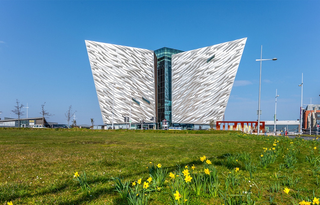 Titanic Belfast exterior architecture as seen from bus.