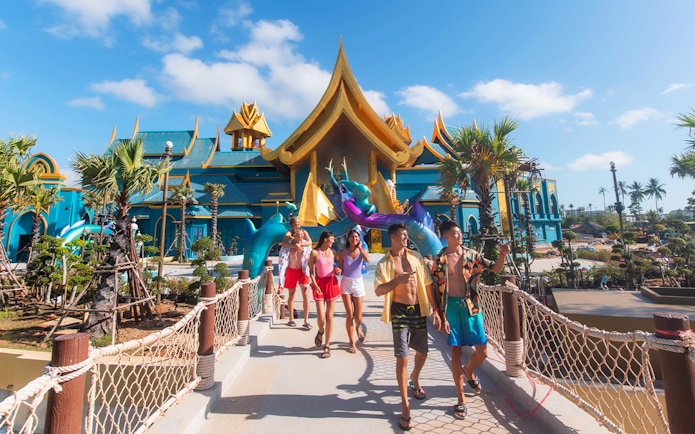 Guests walking at Andamanda water park entrance in Phuket, Thailand.