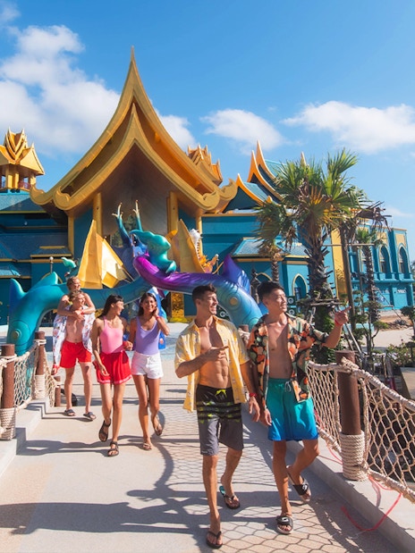 Guests walking at Andamanda water park entrance in Phuket, Thailand.