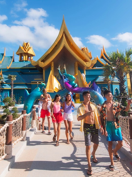 Guests walking at Andamanda water park entrance in Phuket, Thailand.