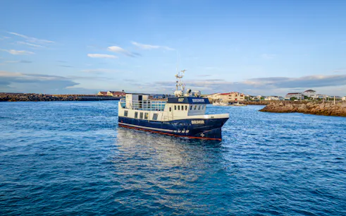 Whale watching boat in Akureyri harbor, Iceland, ready for a cruise-friendly tour.