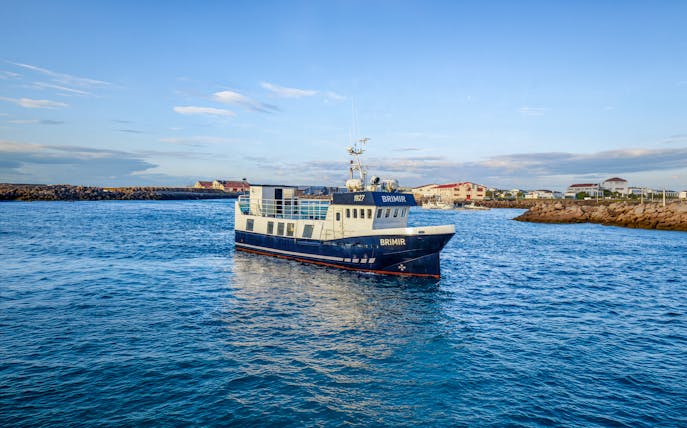 Whale watching boat in Akureyri harbor, Iceland, ready for a cruise-friendly tour.