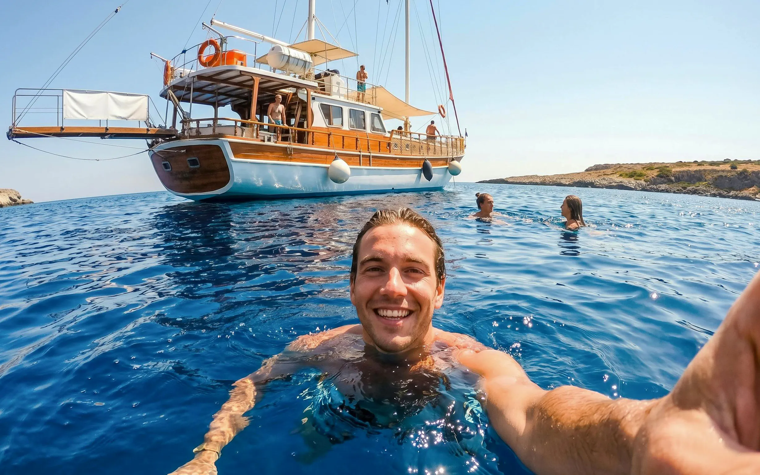Sightseeing cruise in Rhodes with people swimming near a wooden boat.