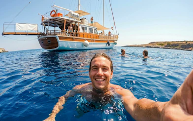 Sightseeing cruise in Rhodes with people swimming near a wooden boat.