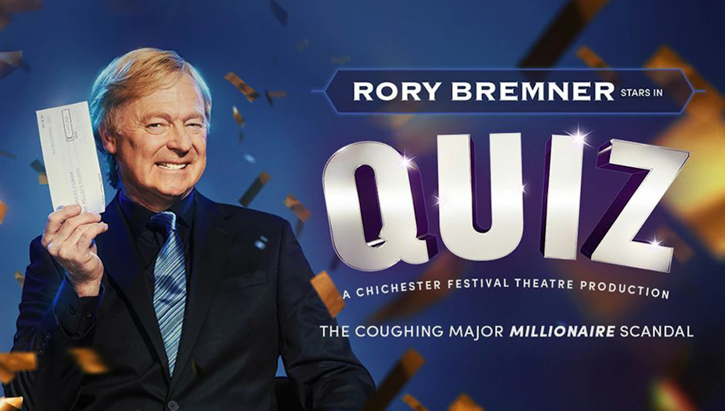 Rory Bremner holding a check in "Quiz" theater production poster.