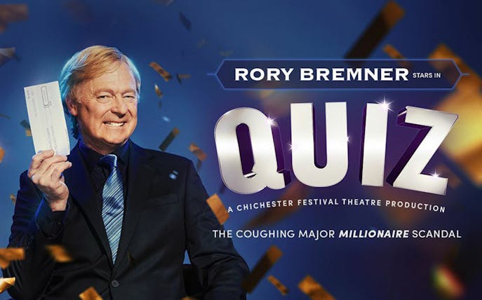 Rory Bremner holding a check in "Quiz" theater production poster.