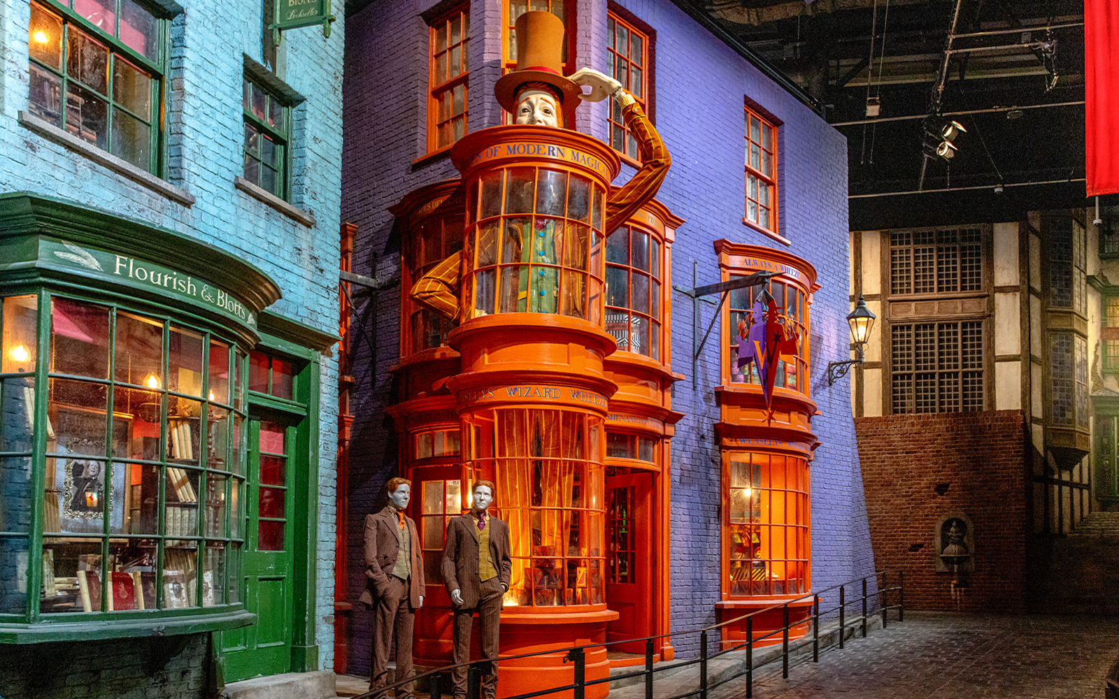 Diagon Alley storefronts at Warner Bros. Studio Tour Tokyo, featuring Weasleys' Wizard Wheezes.