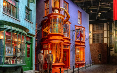 Diagon Alley storefronts at Warner Bros. Studio Tour Tokyo, featuring Weasleys' Wizard Wheezes.