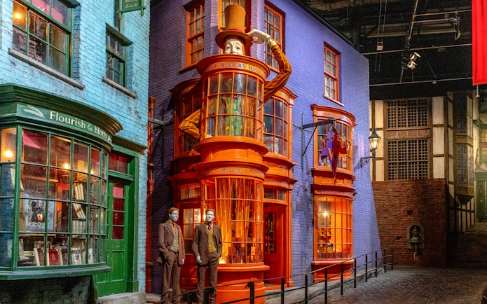 Diagon Alley storefronts at Warner Bros. Studio Tour Tokyo, featuring Weasleys' Wizard Wheezes.