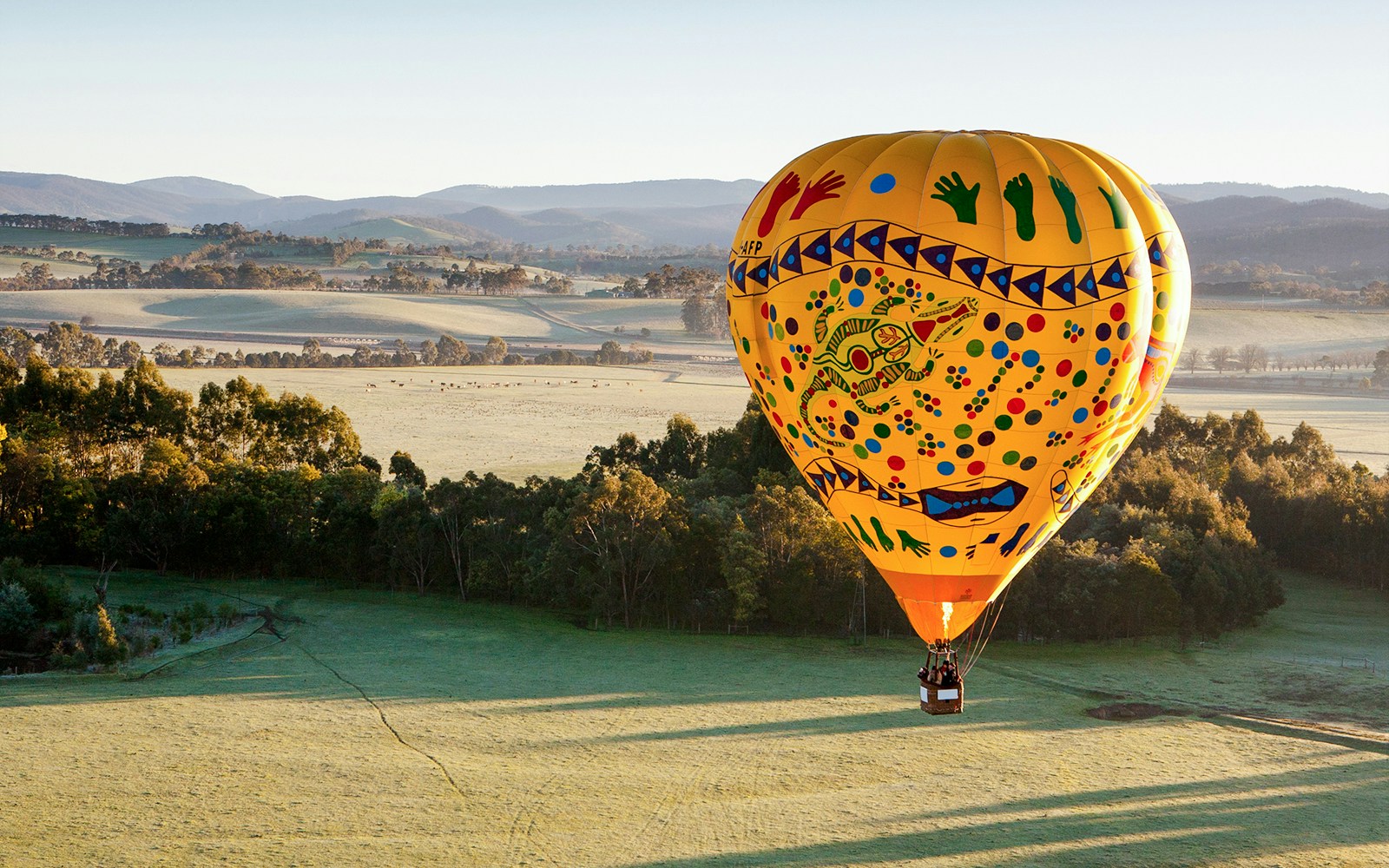 Hot air balloon floating over Yarra Valley landscape with fields and trees.