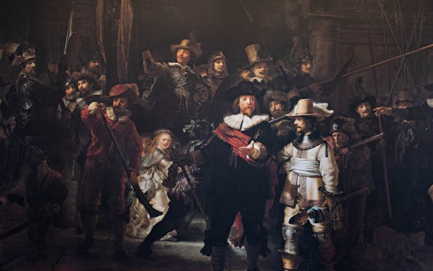Rembrandt's "The Night Watch" painting in Amsterdam museum.