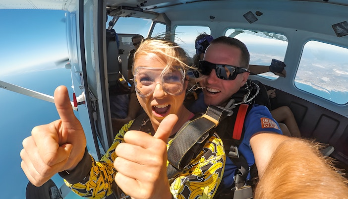Thrilling Tandem Skydive over the scenic Rottnest Island at 10,000ft showcasing breathtaking aerial views
