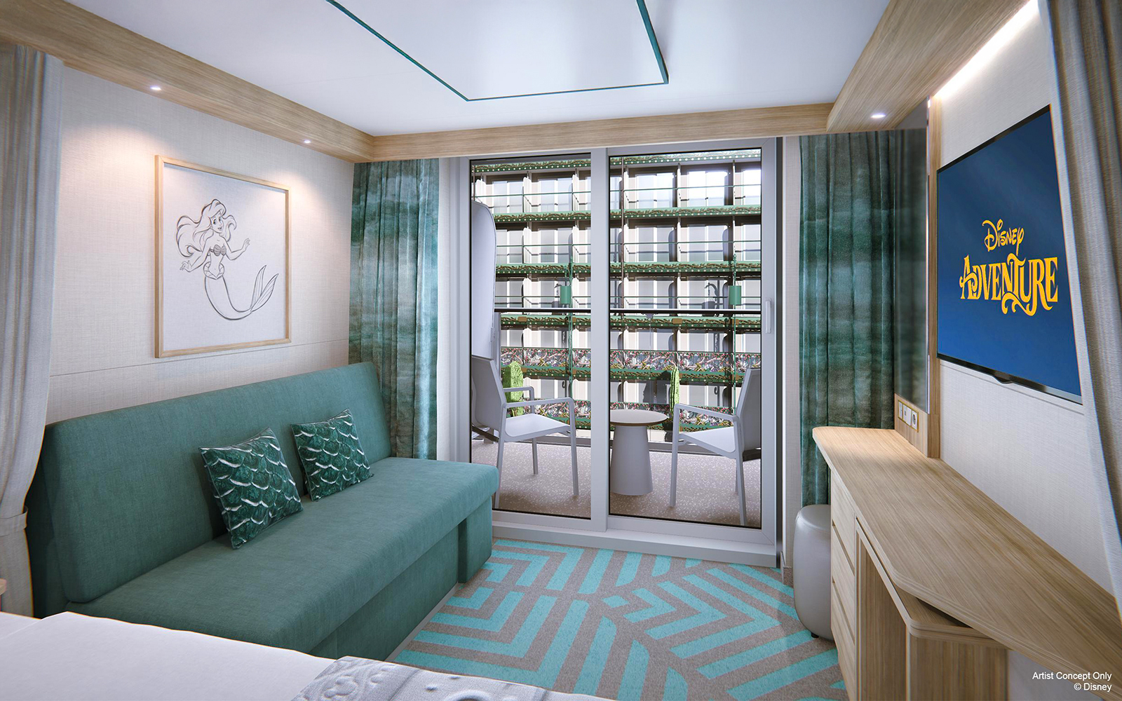 Deluxe Garden View Stateroom with Verandah on Disney Adventure Cruise from Singapore, featuring balcony seating.