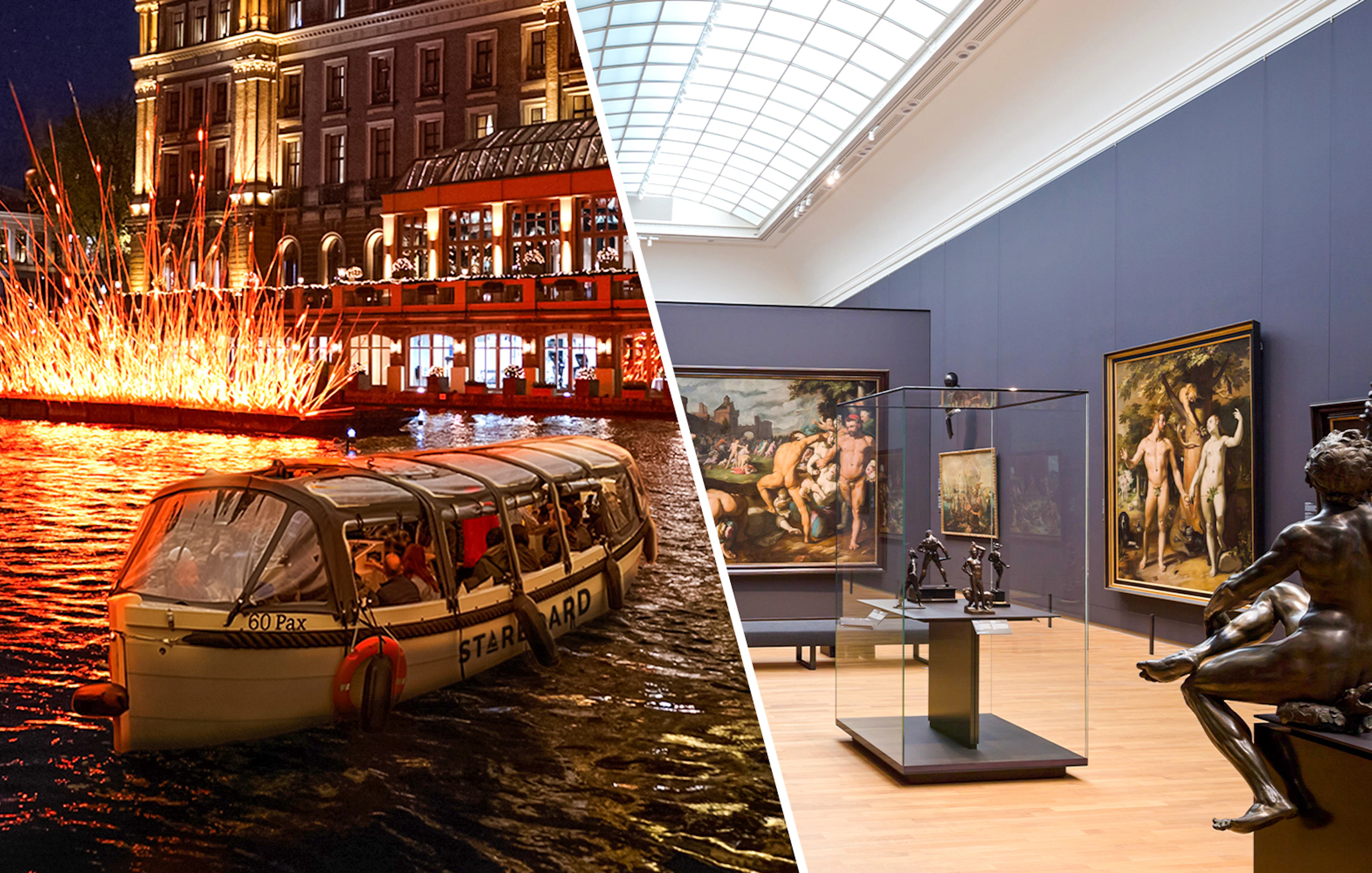 Amsterdam Light Festival cruise boat on canal and Rijksmuseum art gallery interior.