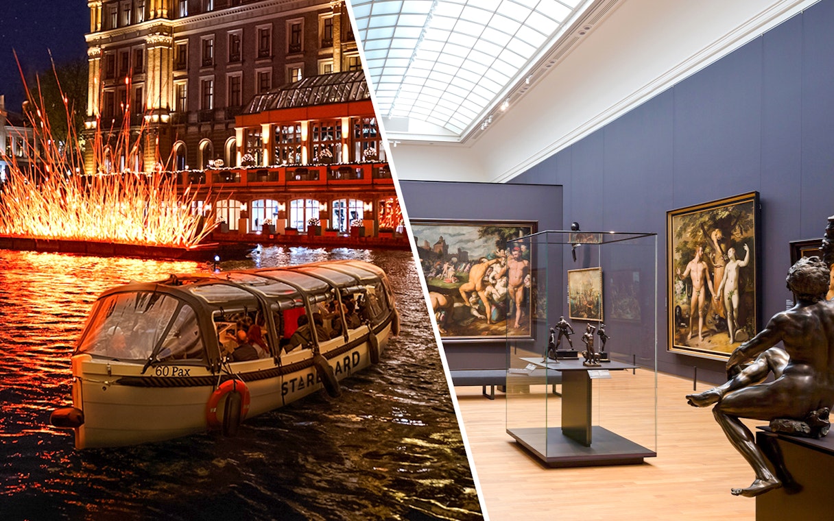 Amsterdam Light Festival cruise boat on canal and Rijksmuseum art gallery interior.