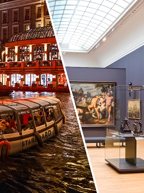 Amsterdam Light Festival cruise boat on canal and Rijksmuseum art gallery interior.