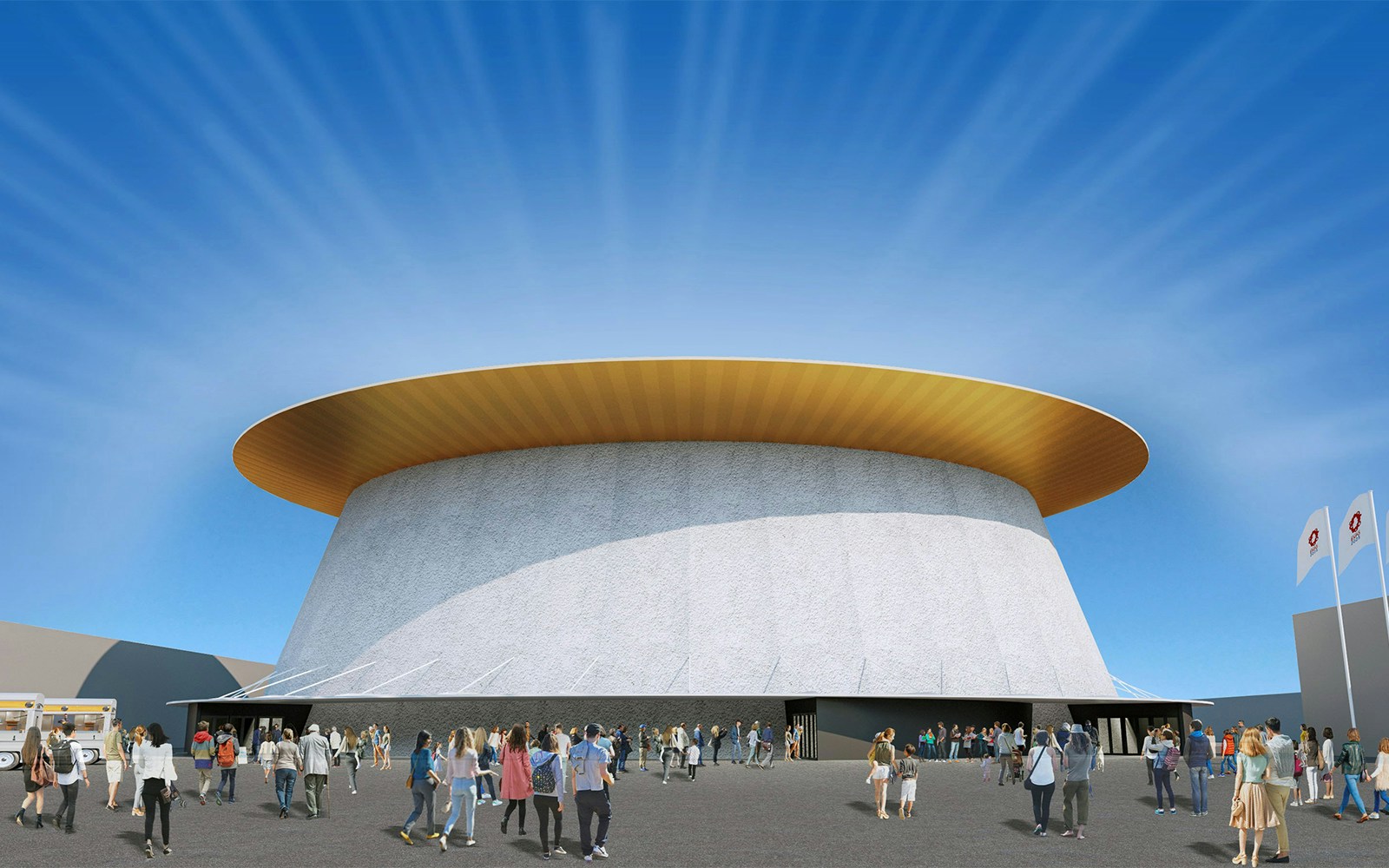 Crowd outside a pavilion at Expo 2025 Osaka with flags and blue sky.