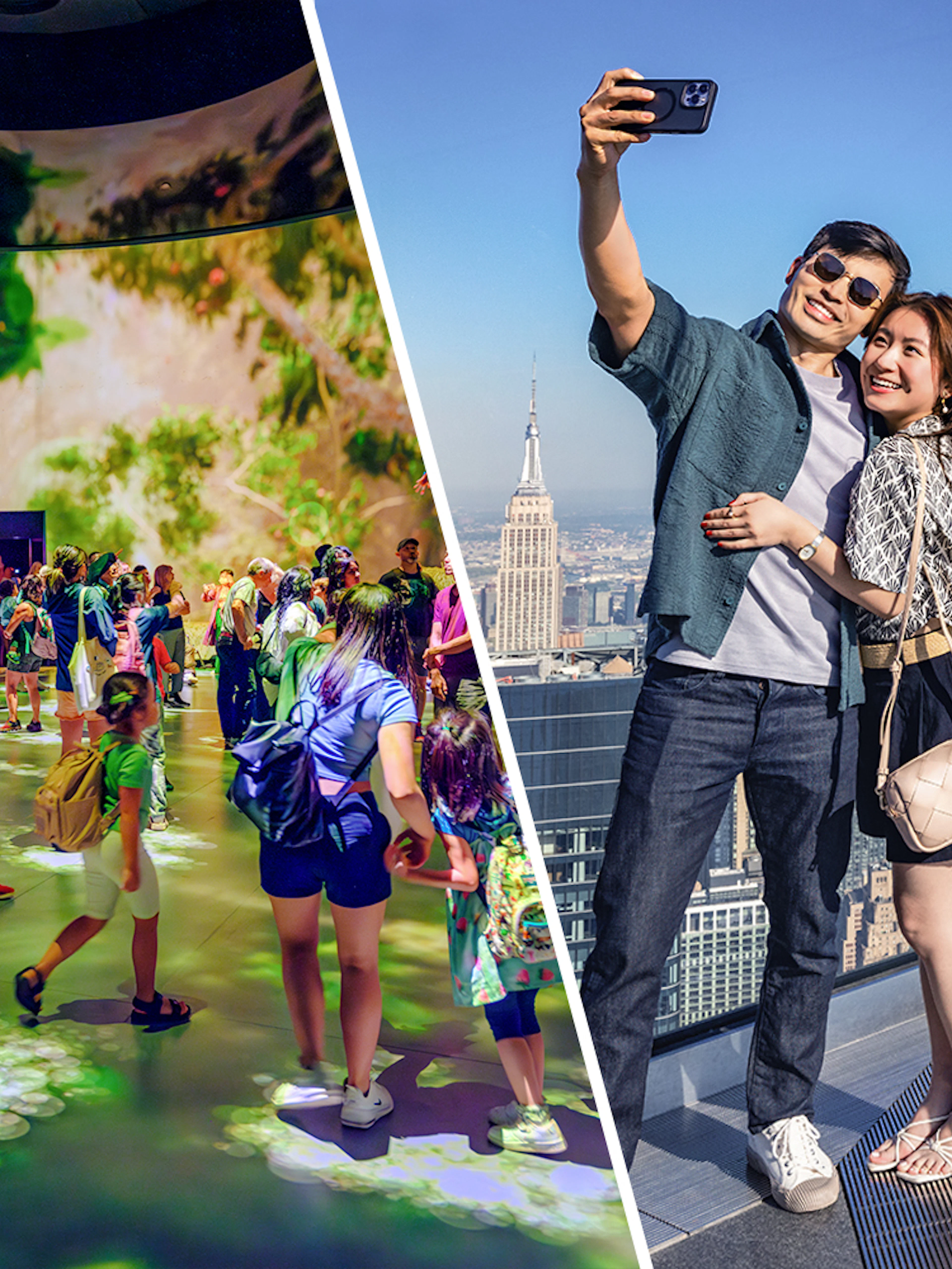 Visitors exploring American Museum of Natural History exhibit; couple taking selfie at Edge Observation Deck, NYC.