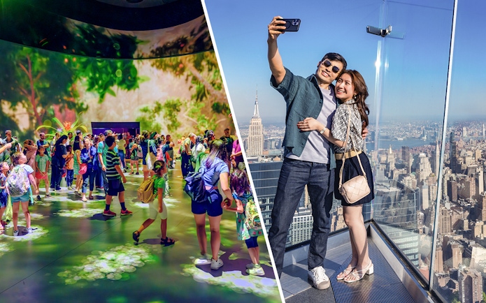 Visitors exploring American Museum of Natural History exhibit; couple taking selfie at Edge Observation Deck, NYC.
