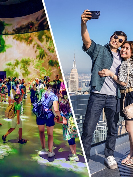 Visitors exploring American Museum of Natural History exhibit; couple taking selfie at Edge Observation Deck, NYC.