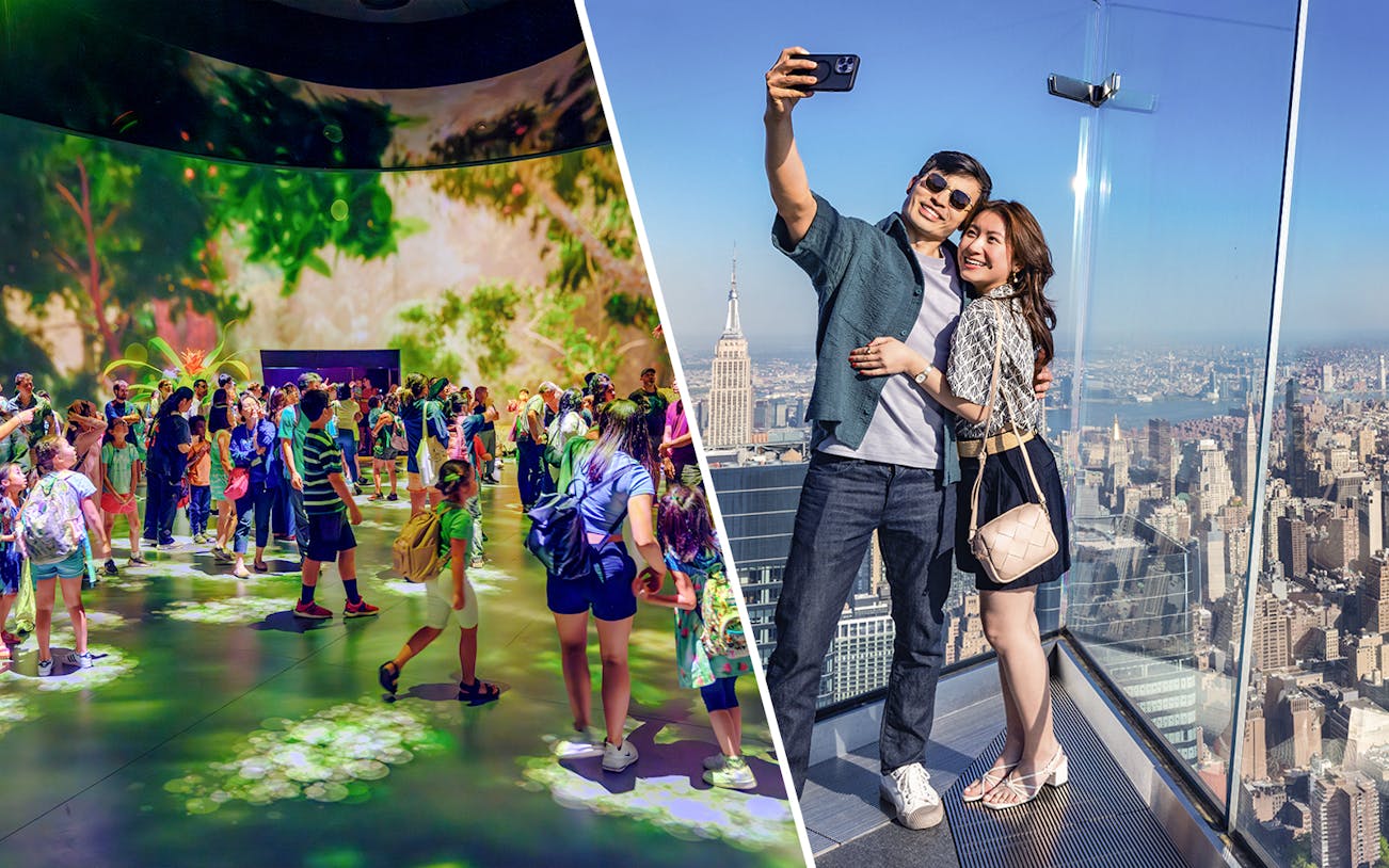 Visitors exploring American Museum of Natural History exhibit; couple taking selfie at Edge Observation Deck, NYC.