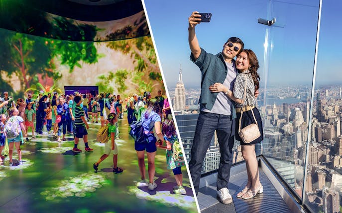 Visitors exploring American Museum of Natural History exhibit; couple taking selfie at Edge Observation Deck, NYC.