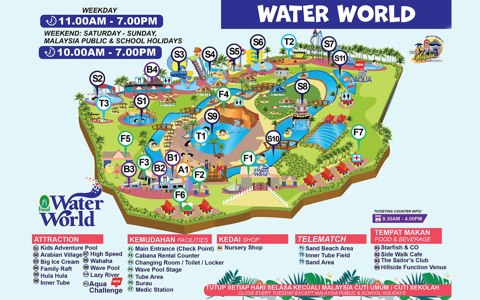 Water World map showing attractions like Kids Adventure Pool, Lazy River, and Aqua Challenge in Melaka, Malaysia.