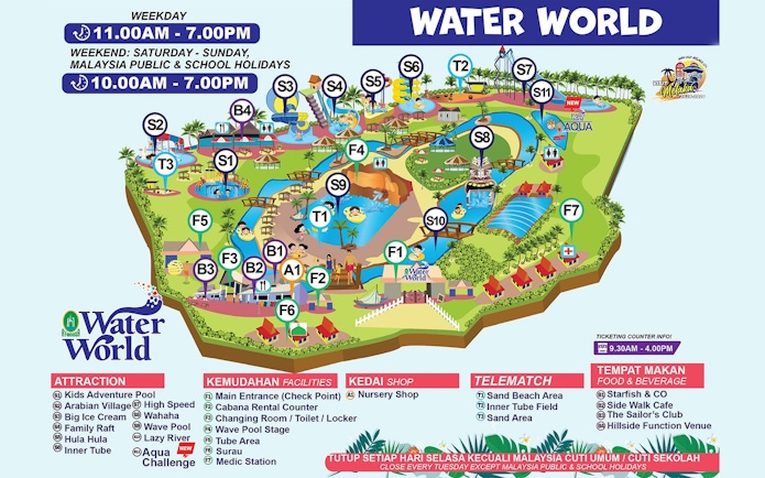 Water World map showing attractions like Kids Adventure Pool, Lazy River, and Aqua Challenge in Melaka, Malaysia.