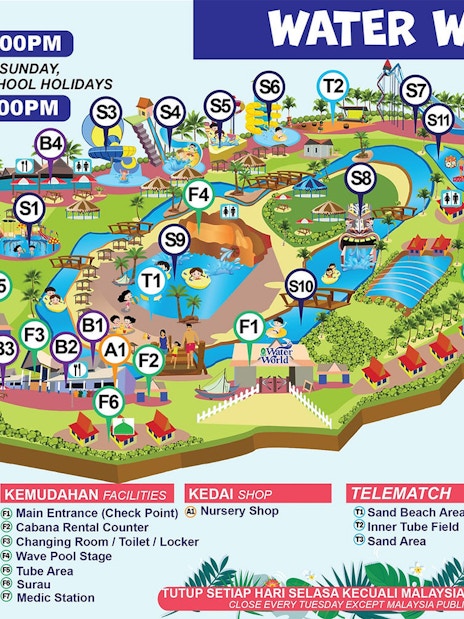 Water World map showing attractions like Kids Adventure Pool, Lazy River, and Aqua Challenge in Melaka, Malaysia.